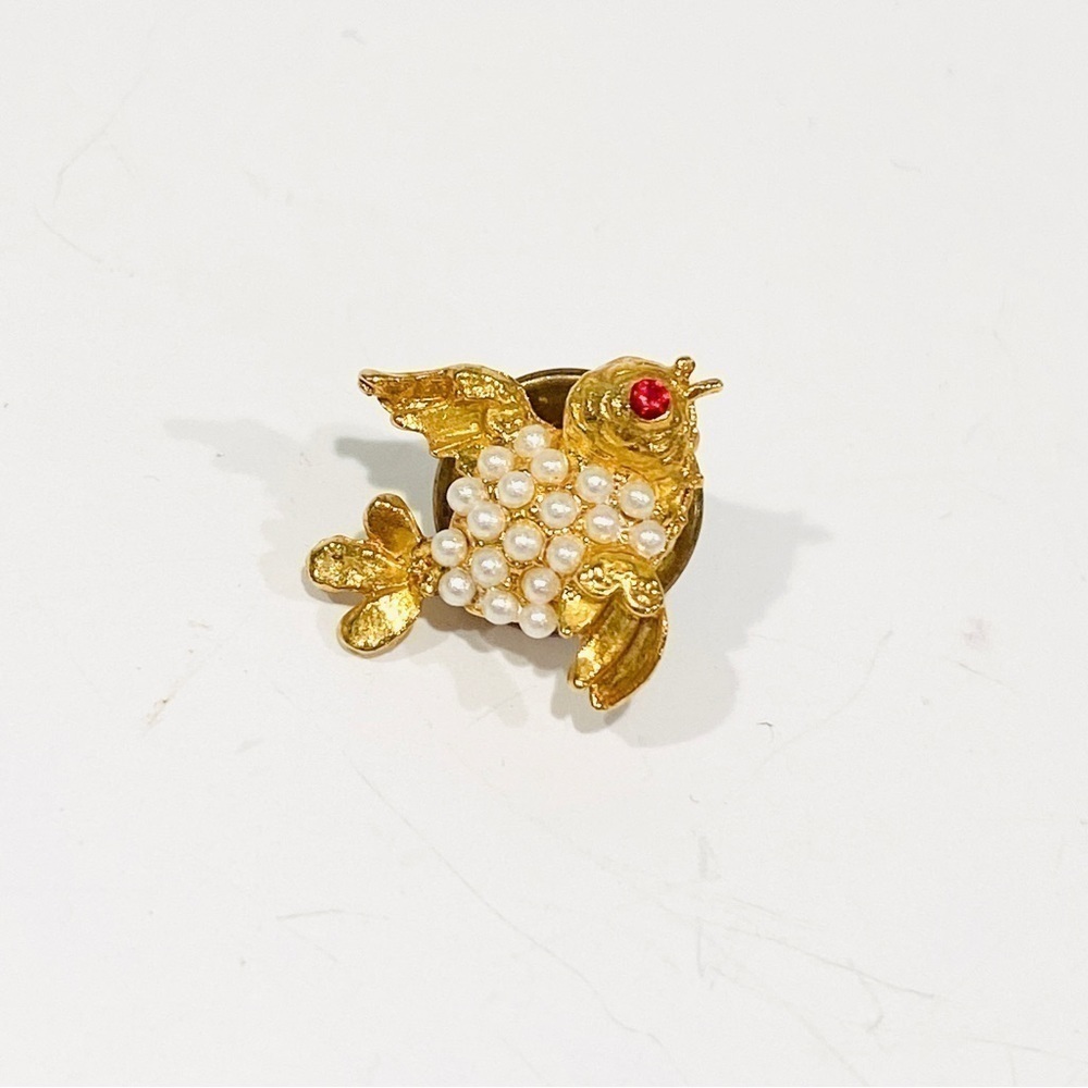 Vintage Miniature Golden Bird Brooch Pin w/ Faux Pearls and Ruby Eye